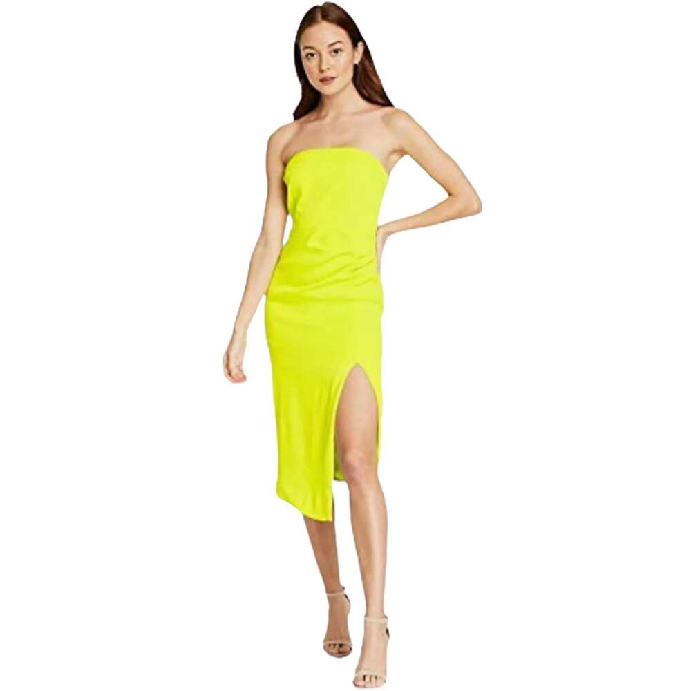 S Cushnie x Target Neon Lime Green Side Slit Strapless Ruched Midi Dress